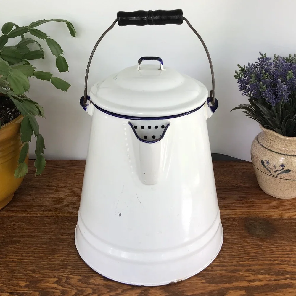 Vintage Enamel White & Blue Coffee Pot & Lid Kettle Enamelware Rustic Antique